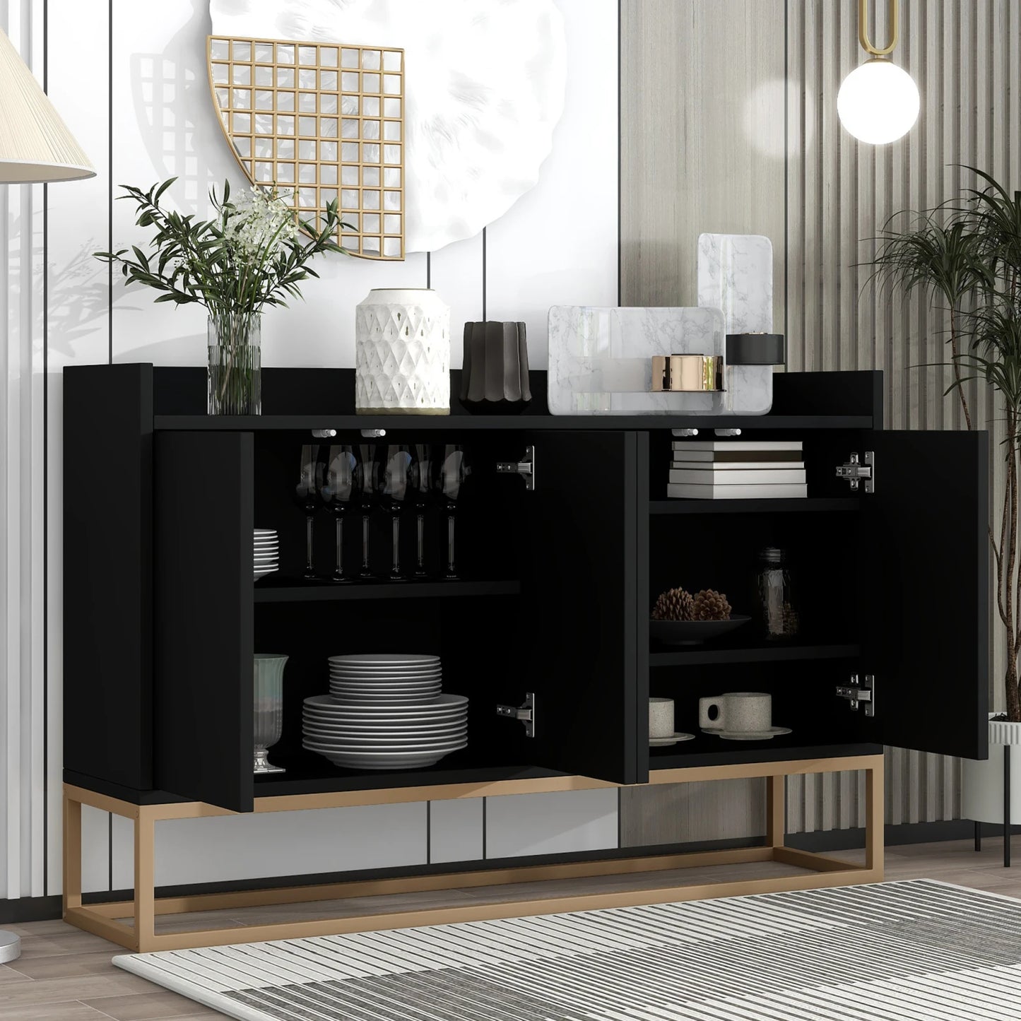Buffet noir 120x30x80 cm structure métal sans poignée - Le Marais Verlaine Maison