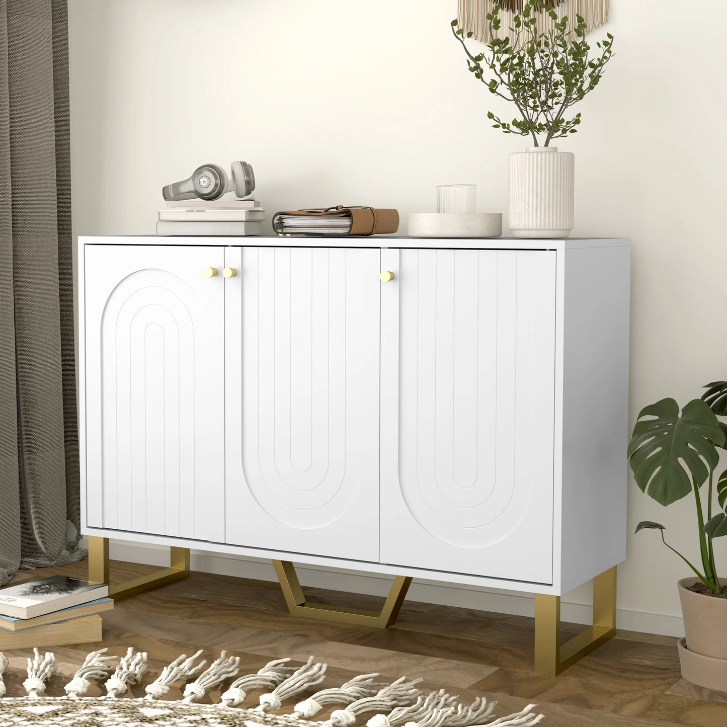 Buffet blanc portes voûtées détails dorés 106,5x35x77,5 cm - L'Ivoire Verlaine Maison