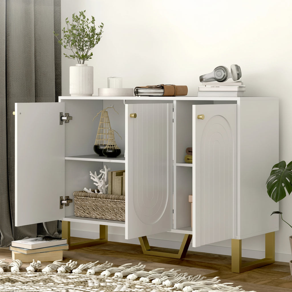 Buffet blanc portes voûtées détails dorés 106,5x35x77,5 cm - L'Ivoire Verlaine Maison