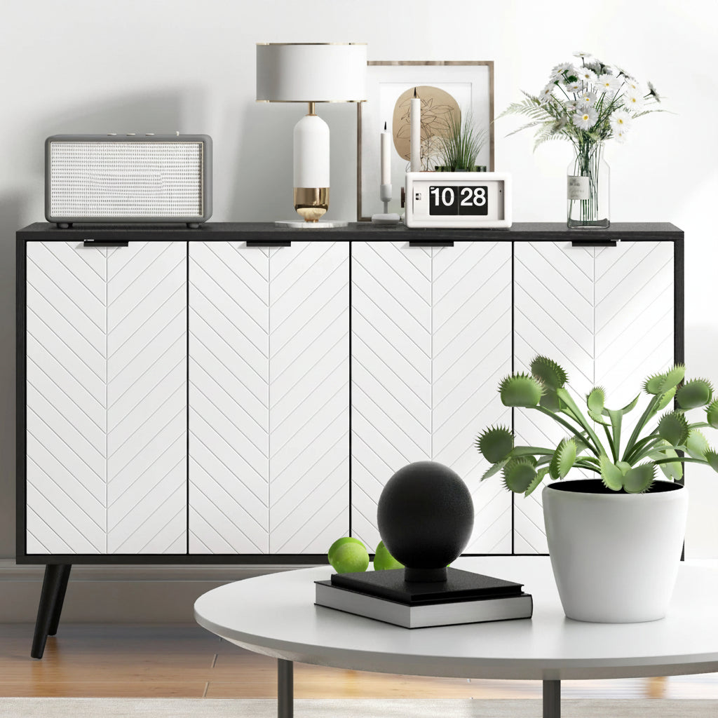 Buffet noir et blanc 120x35x77,4 cm motif chevrons - Le Duetto Verlaine Maison